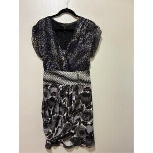 BCBG Maxazria Mixed-Print Black and Purple V-Neck Mini Silk Dress size 4